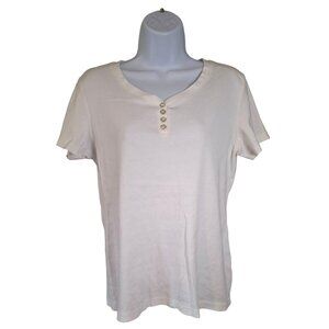 Karen Scott Womens Henley T-Shirt M White Cotton Short Sleeve Casual Minimalist